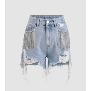Diamond tassel ripped denim shorts